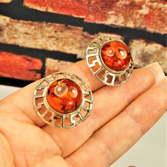 LARGE BALTIC AMBER CABOCHONS 925 SILVER CLIP ON ROUND EARRINGS, GIFT FOR WOMEN - Picture 3 of 9